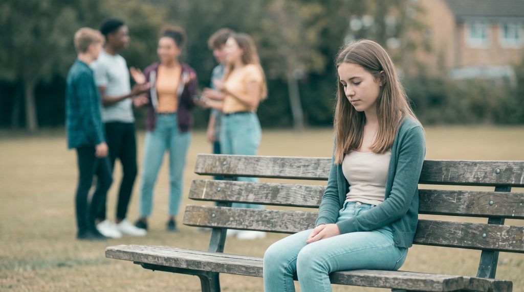 Jovem sentada sozinha num banco de jardim enquanto o grupo de amigos conversa à distância, isolamento social na gravidez na adolescência