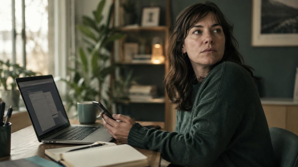 ADHD symptoms shown by a woman distracted at her laptop