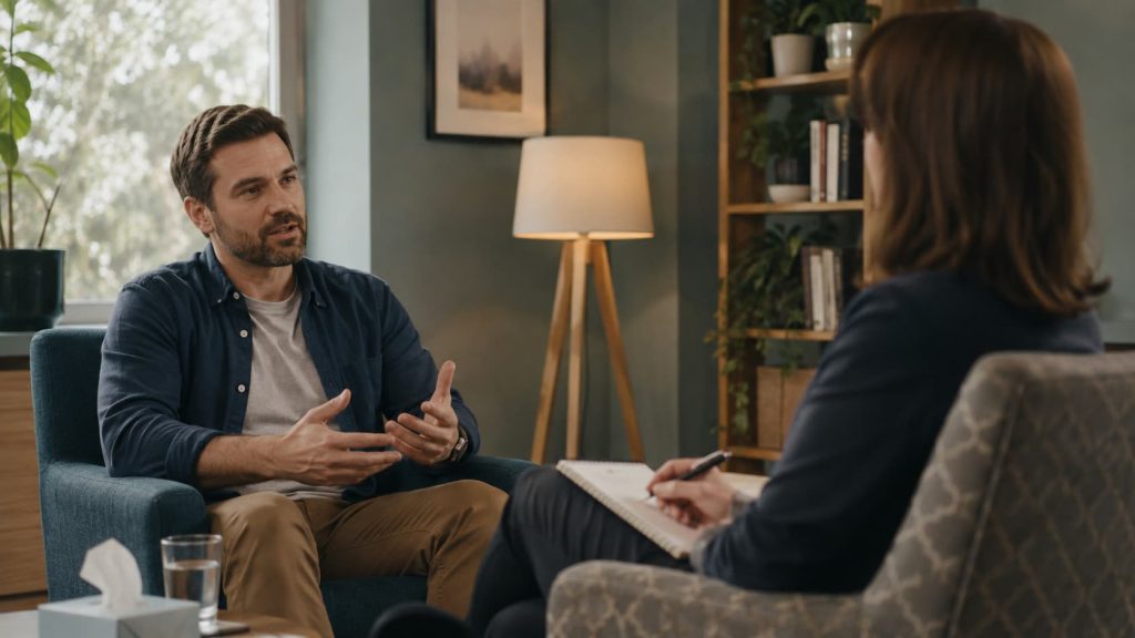 ADHD treatment session with a person talking to a therapist