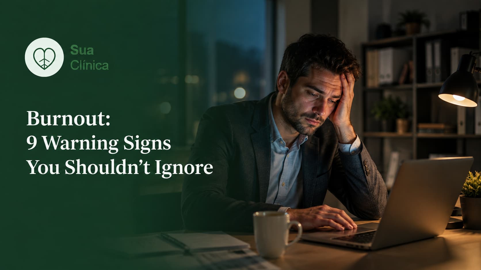 Burnout symptoms shown by an exhausted professional at their desk late in the day