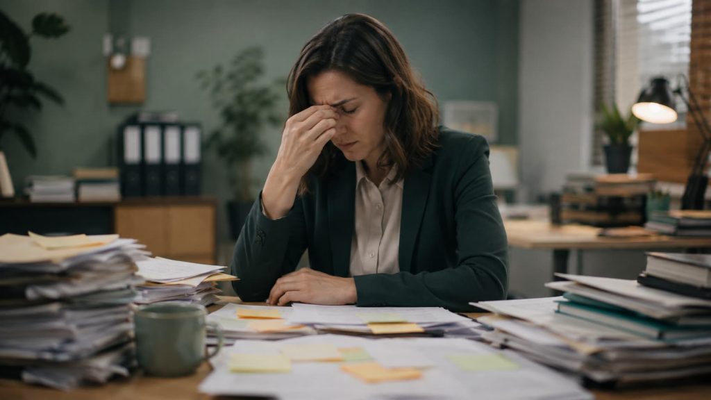 Burnout symptoms shown by a woman overwhelmed by paperwork at her desk
