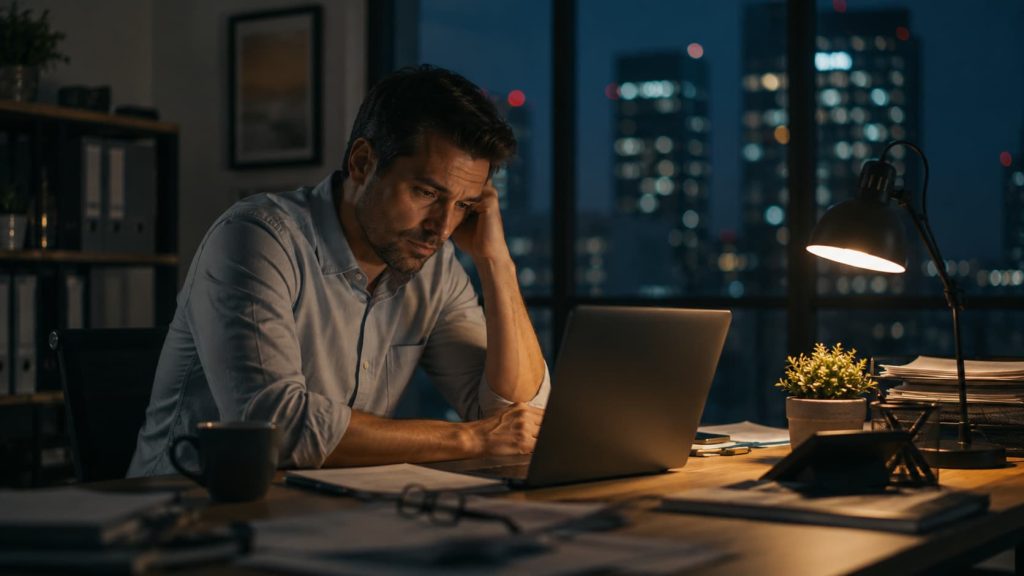 Burnout at work shown by a man working alone late at night at his laptop