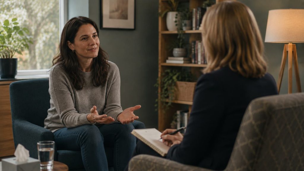 Burnout treatment session with a person talking to a therapist