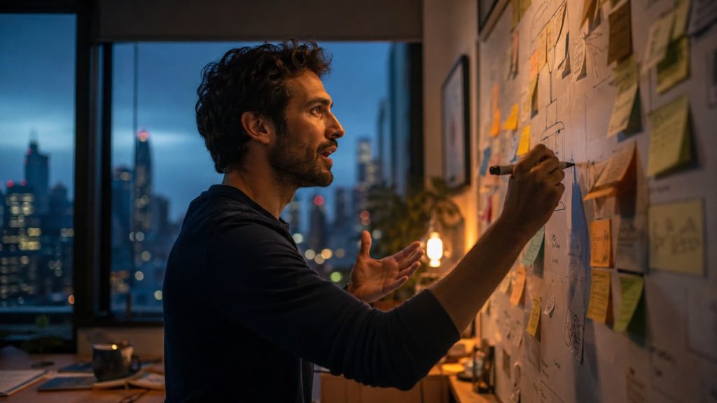 Person showing signs of mania in bipolar disorder disease, writing rapid ideas on sticky notes early in the morning
