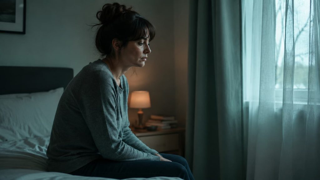 Person experiencing a depressive episode of bipolar disorder disease, sitting on the edge of a bed in low light