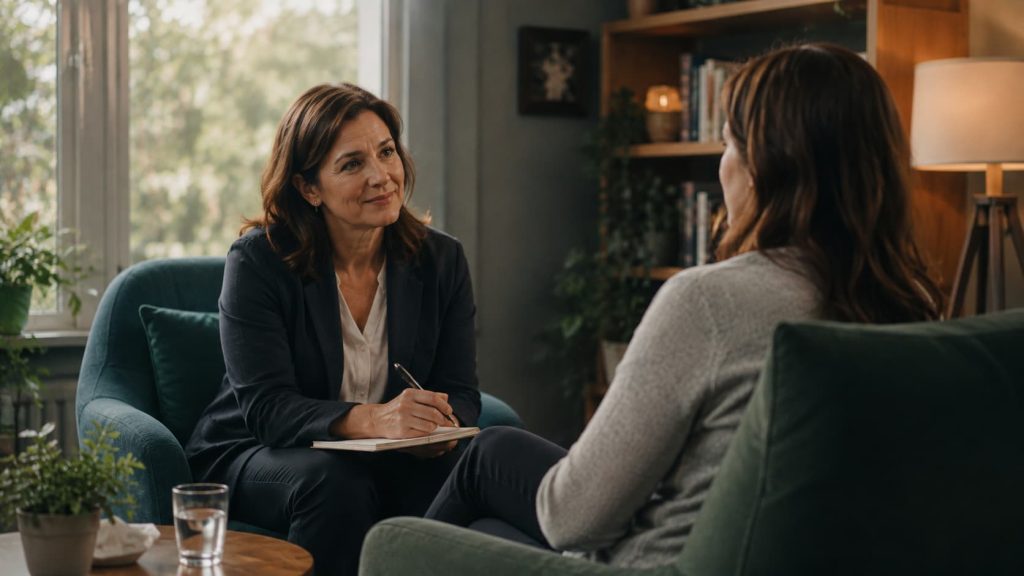 Psychologist providing psychological support for bipolar disorder disease during a therapy session