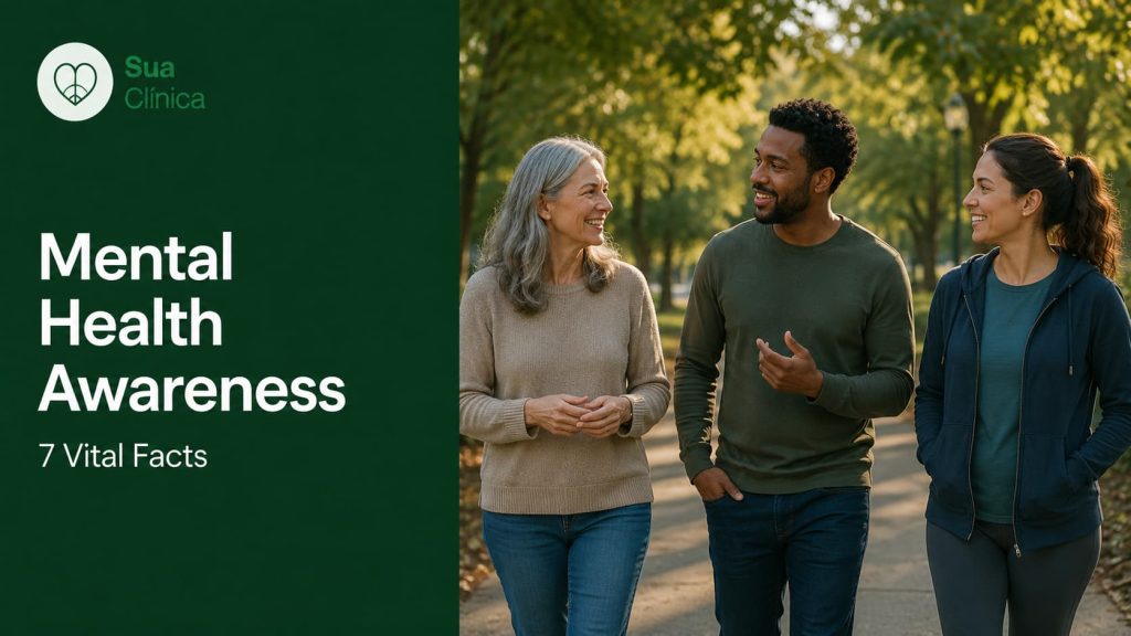 Mental Health Awareness: 7 Vital Facts — Sua Clínica article cover image showing three people walking and talking outdoors