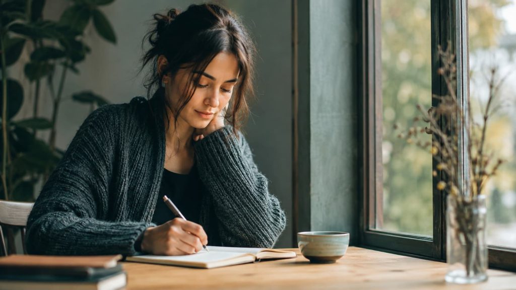 Person journaling and reflecting, illustrating self-awareness as part of mental health awareness