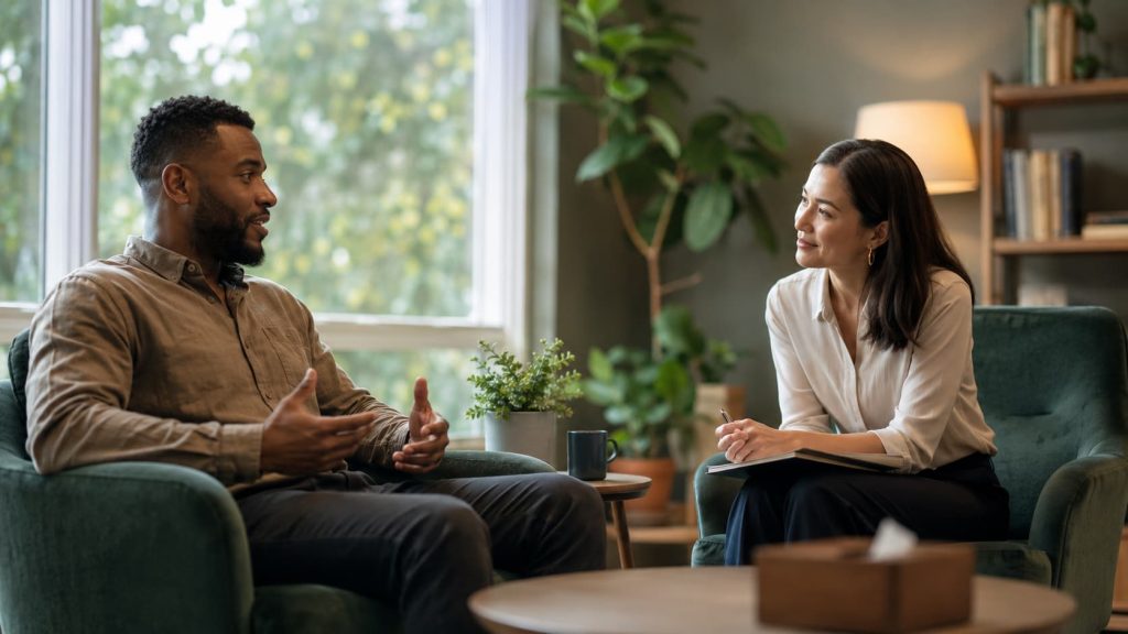 Psychologist providing mental health support during a therapy session
