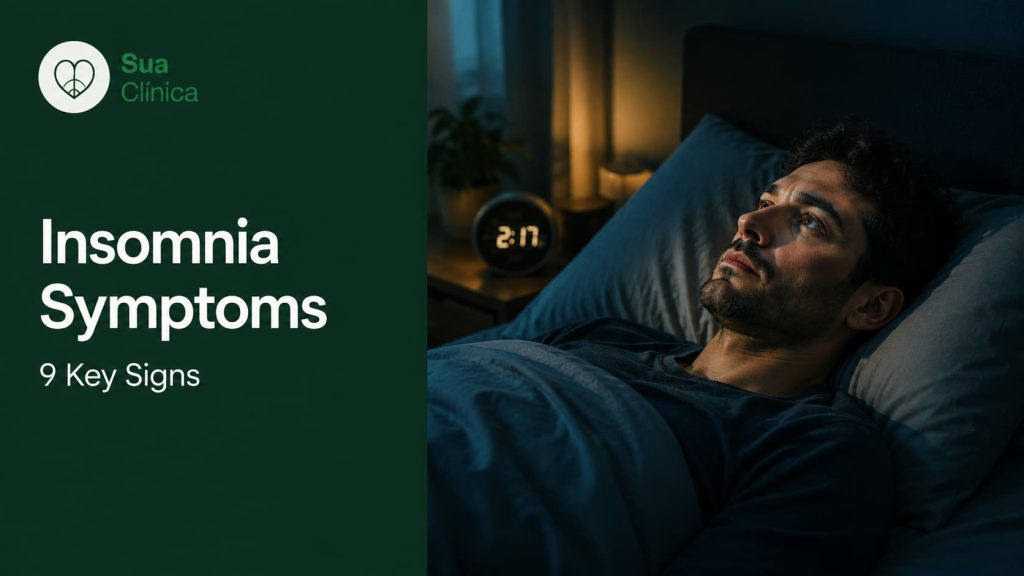 Insomnia Symptoms: 9 Key Signs — Sua Clínica article cover image showing a person lying awake in bed at night