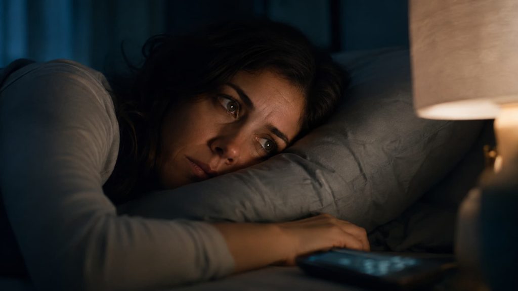 Person lying awake at night unable to fall asleep, a common insomnia symptom
