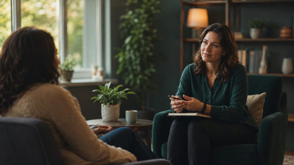 Psychologist providing CBT-I therapy for insomnia symptoms during a session