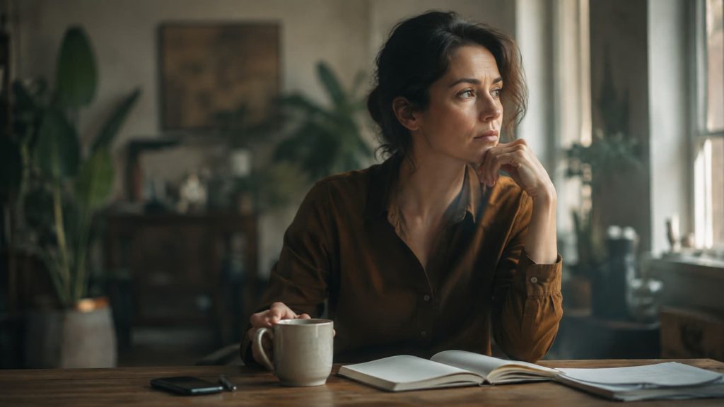 Person pausing mid-task with a thoughtful expression, illustrating an intrusive thought interrupting focus