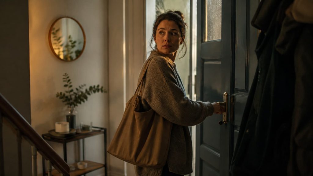 Person pausing to double-check a door, illustrating the checking cycle linked to obsessions and compulsions