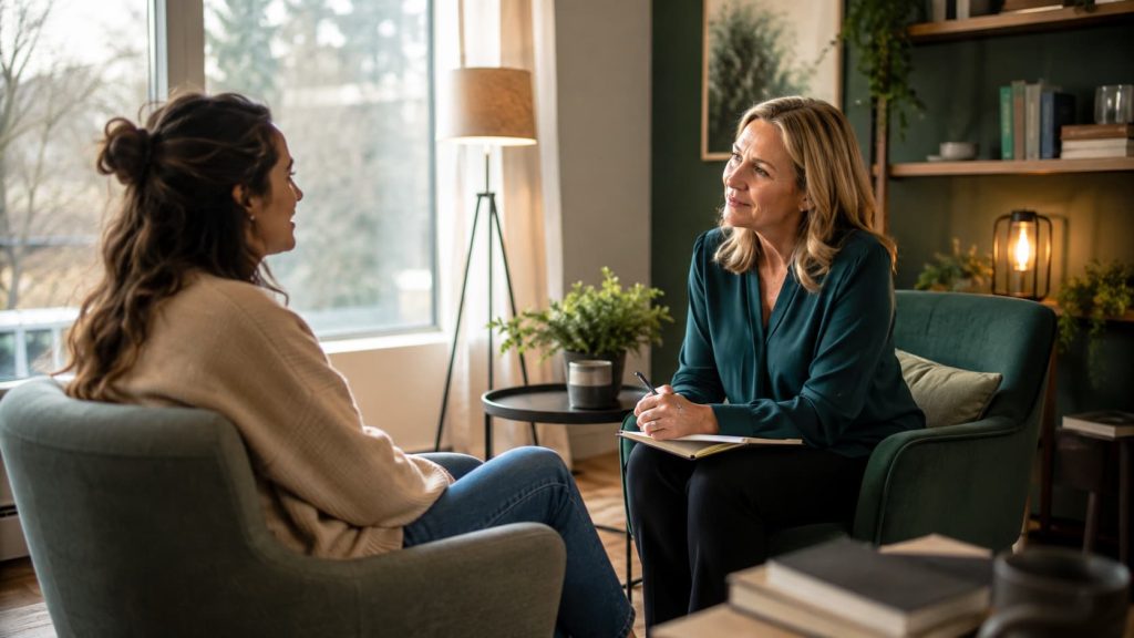 Psychologist providing CBT with ERP therapy for obsessions during a session