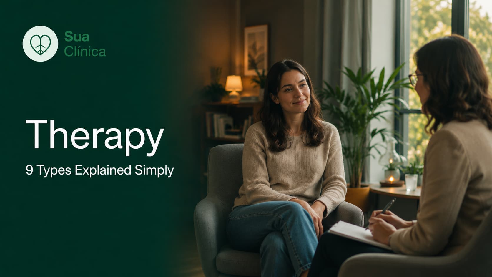 Therapy: 9 Types Explained Simply — Sua Clínica article cover image showing a psychology therapy session