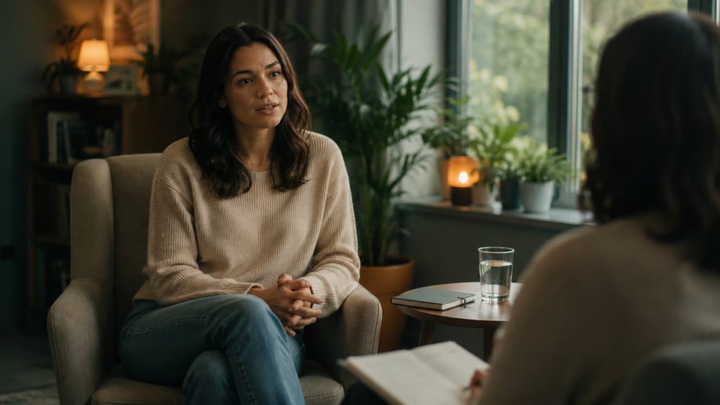 Person opening up during a first therapy session with a psychologist