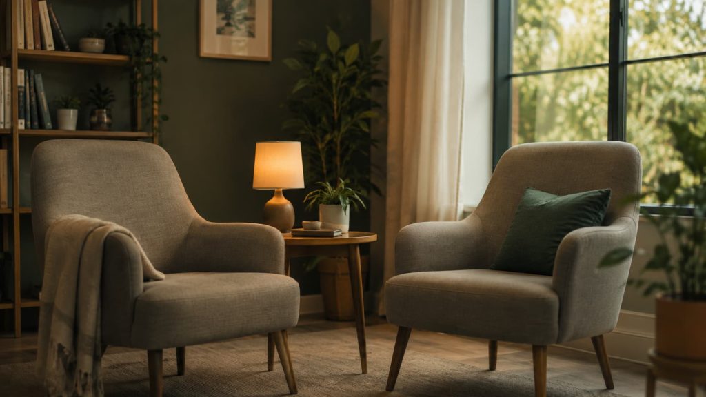 Cozy therapy office with two armchairs, representing the different types and formats of therapy