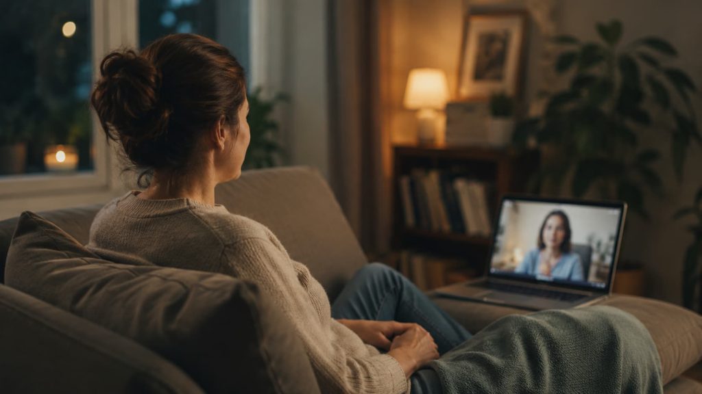 Person having an online therapy session from home on a laptop