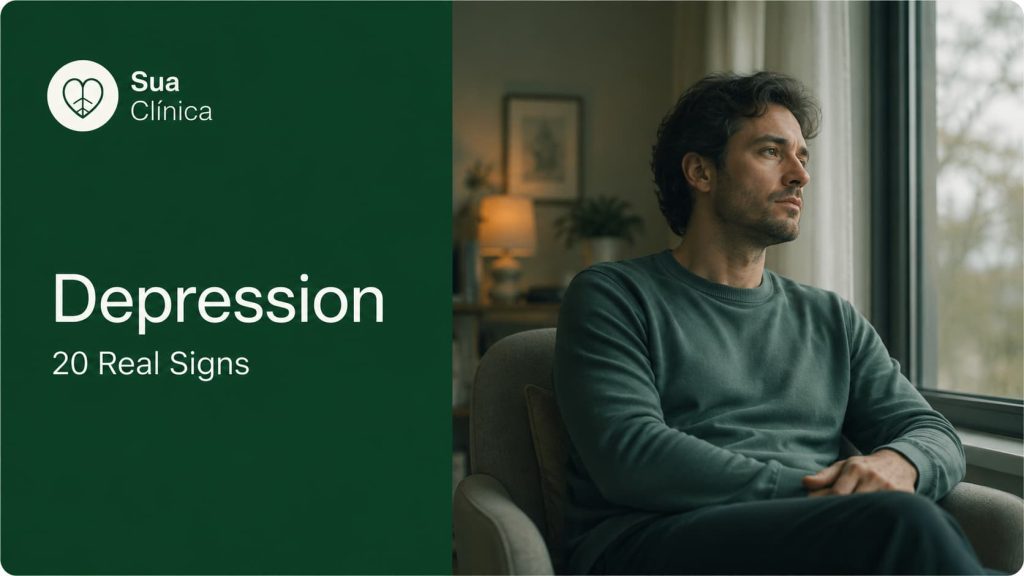 Depression: 20 Real Signs — Sua Clínica article cover image showing a person sitting quietly by a window
