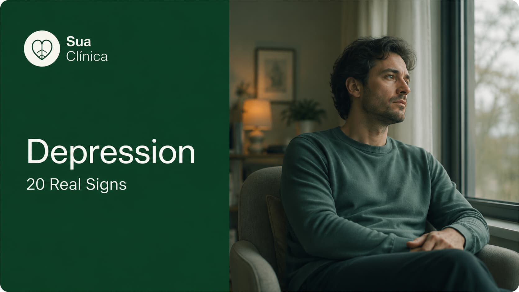 Depression: 20 Real Signs — Sua Clínica article cover image showing a person sitting quietly by a window