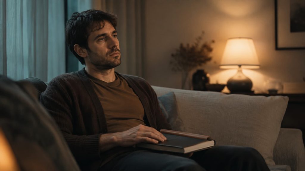 Person sitting with an untouched book, showing fatigue and loss of interest linked to depression