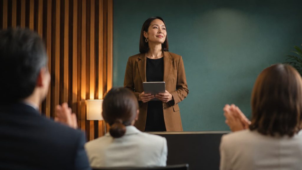 Person presenting to colleagues, illustrating the need for admiration linked to narcissistic personality disorder