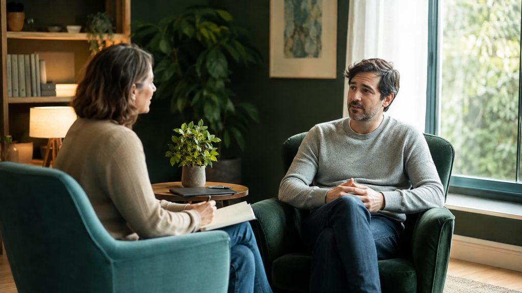 Psychologist providing psychological support for narcissistic personality disorder during a therapy session