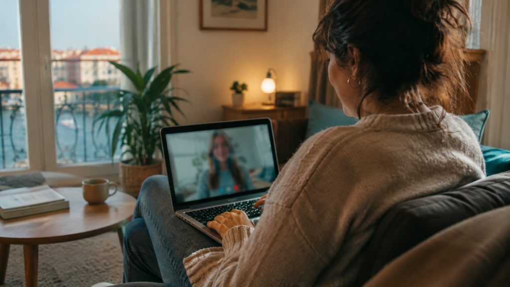 Person attending an online therapy session from home with the mental health clinic