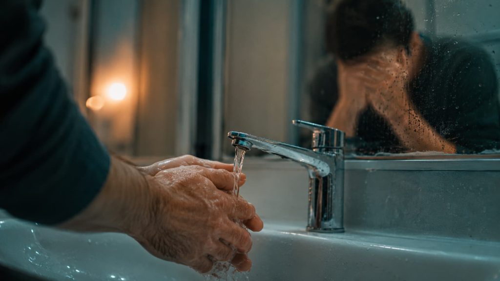 Person washing hands, illustrating the obsession-compulsion cycle in OCD symptoms