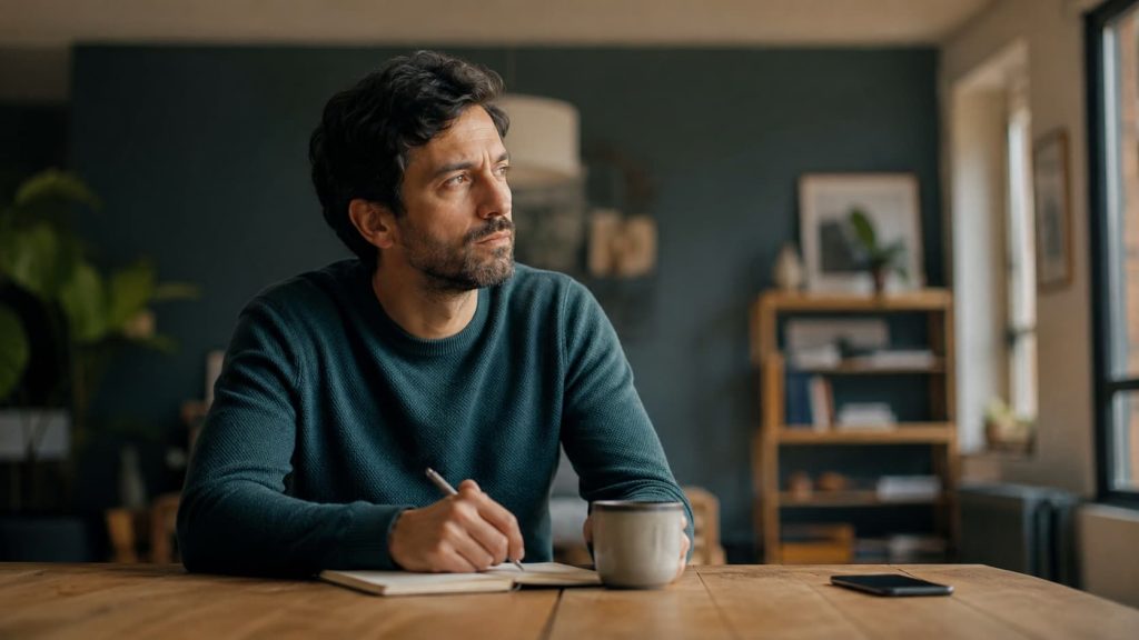 Person pausing mid-task with a thoughtful expression, illustrating an intrusive thought interrupting focus