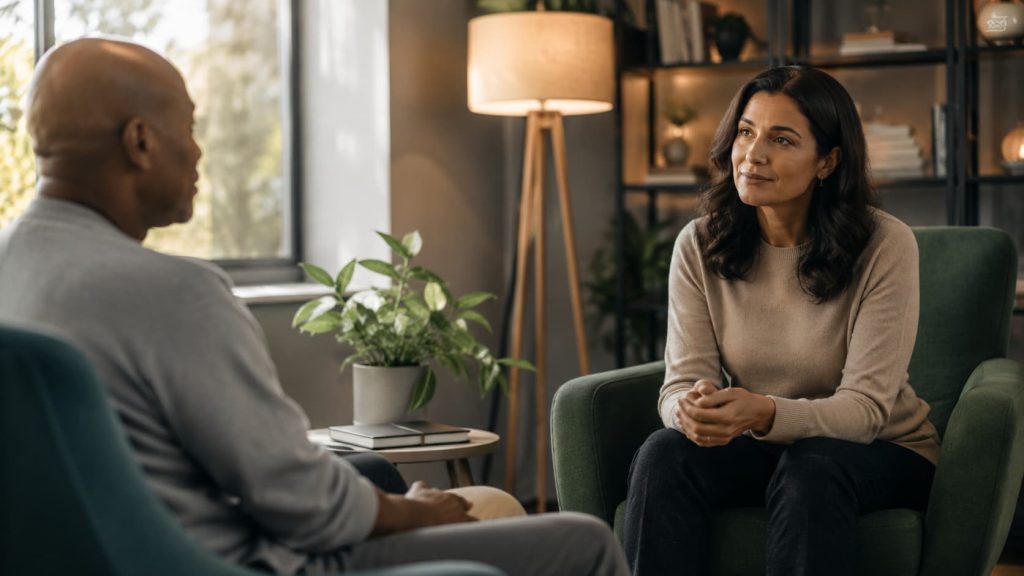 Psychologist providing CBT with ERP therapy for OCD symptoms during a session