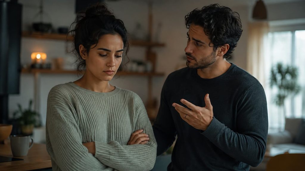 Couple experiencing a communication breakdown in couples therapy, one partner withdrawn and the other trying to reconnect
