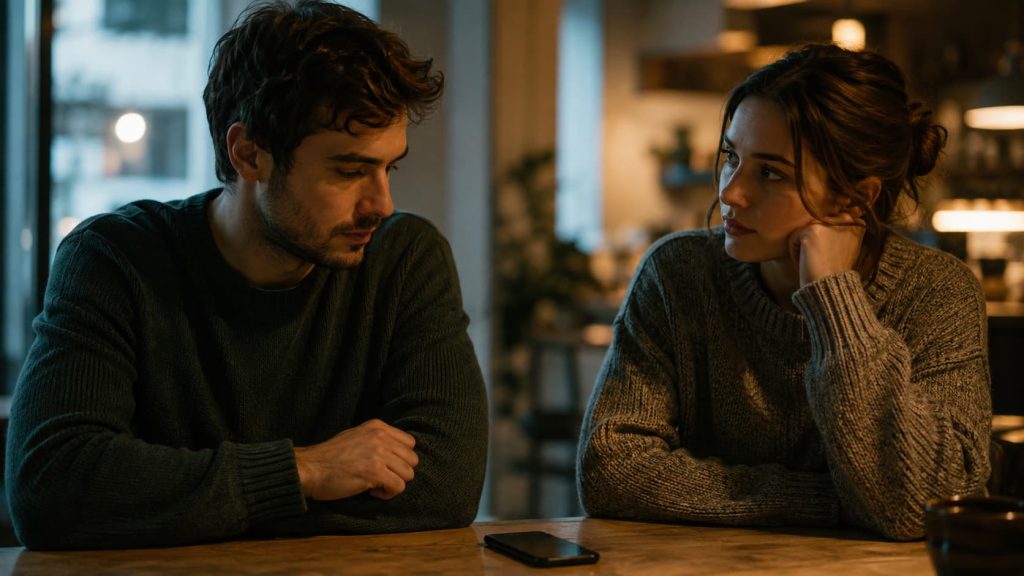 Couple sitting at a table discussing jealousy and trust issues addressed in couples therapy