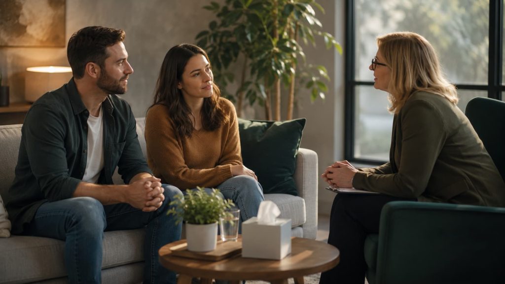 Couple attending a couples therapy session with a psychologist at Sua Clínica
