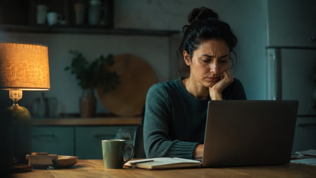 Person sitting alone with a self-critical expression, reflecting low self-esteem and negative self-talk