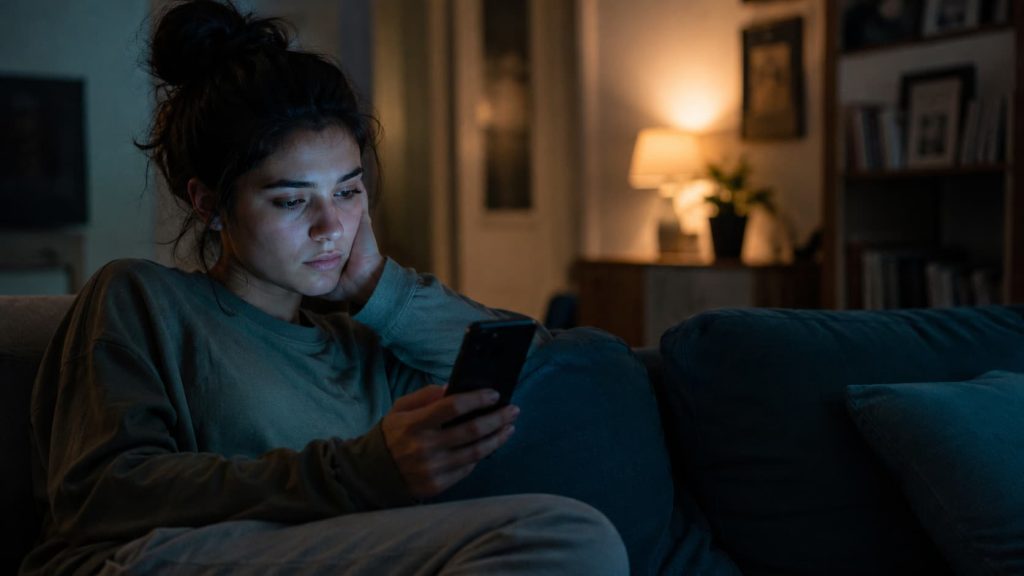 Person scrolling on their phone at night, reflecting social comparison and its effect on self-esteem