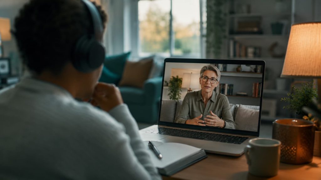 Pessoa em sessão de consulta online psicologia por videochamada com um psicólogo