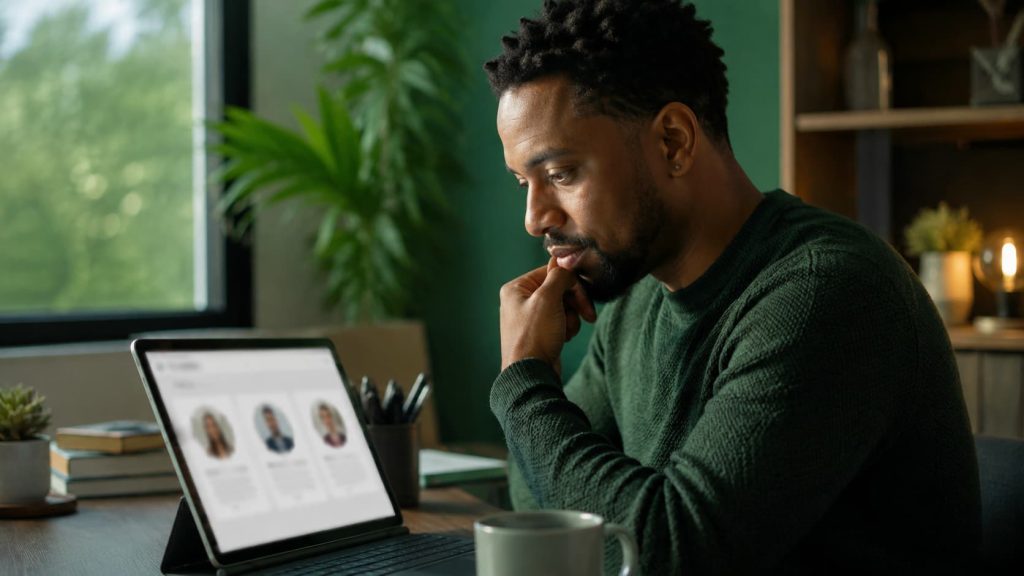 Pessoa a comparar perfis de psicólogos no portátil antes de marcar uma consulta online psicologia
