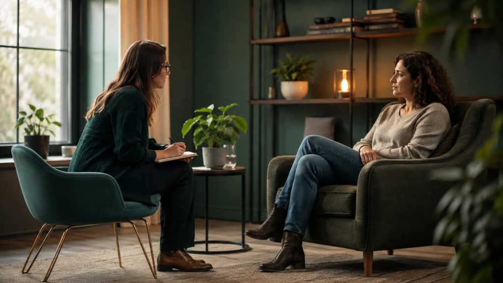 Pessoa em consulta de psicologia a fazer acompanhamento clínico para transtorno bipolar