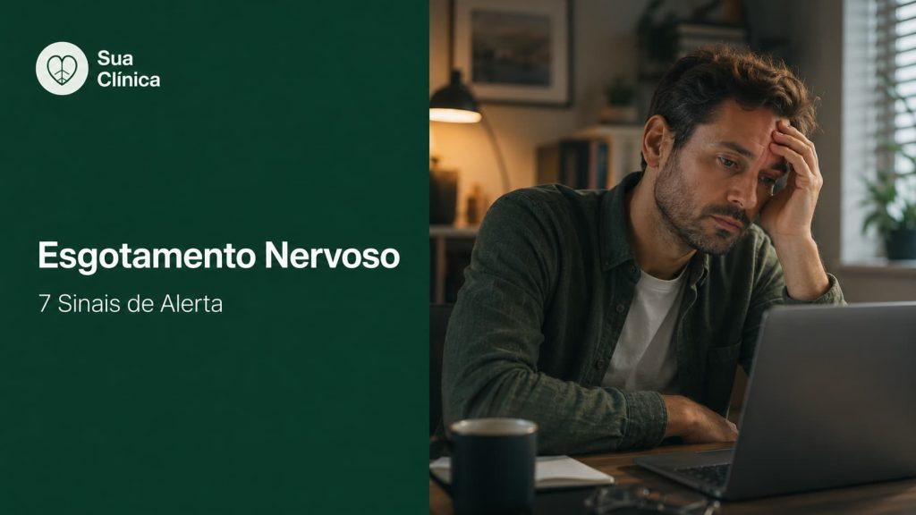 Esgotamento Nervoso: 7 Sinais de Alerta — imagem de capa do artigo da Sua Clínica com pessoa exausta ao computador