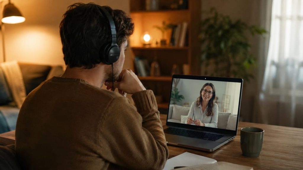 Pessoa em consulta de psicologia online por videochamada em casa, com flexibilidade de horário