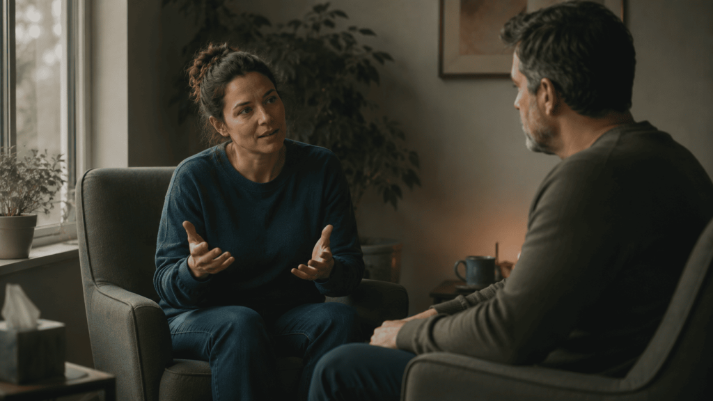 Sessão de psicoterapia entre paciente e terapeuta, parte do tratamento da depressão
