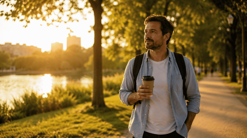 Homem a passear ao ar livre ao entardecer, representando a recuperação do burnout