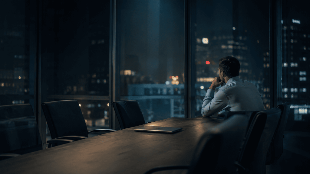 Pessoa sozinha numa sala de reuniões vazia à noite, isolamento associado ao burnout no trabalho