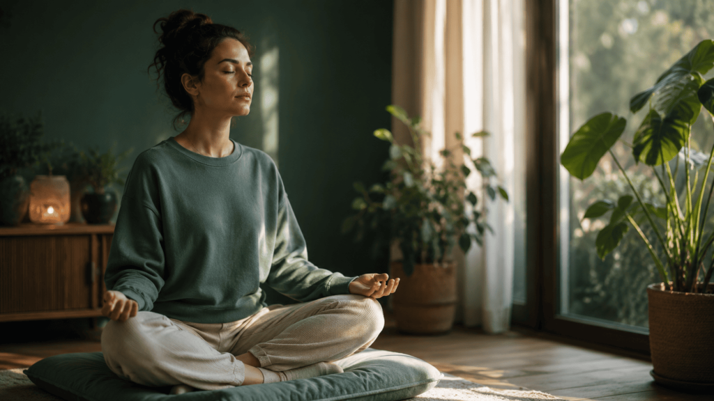 Mulher a meditar sentada junto à janela, estratégia natural para o controlo da ansiedade