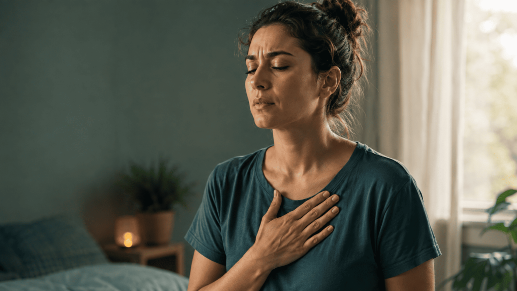 Woman pressing hand against chest, physical symptom of anxiety-related chest tightness