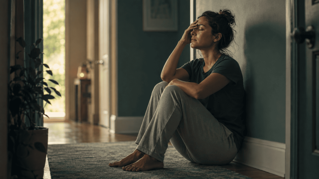 Woman sitting on the floor with hand on forehead during an anxiety attack