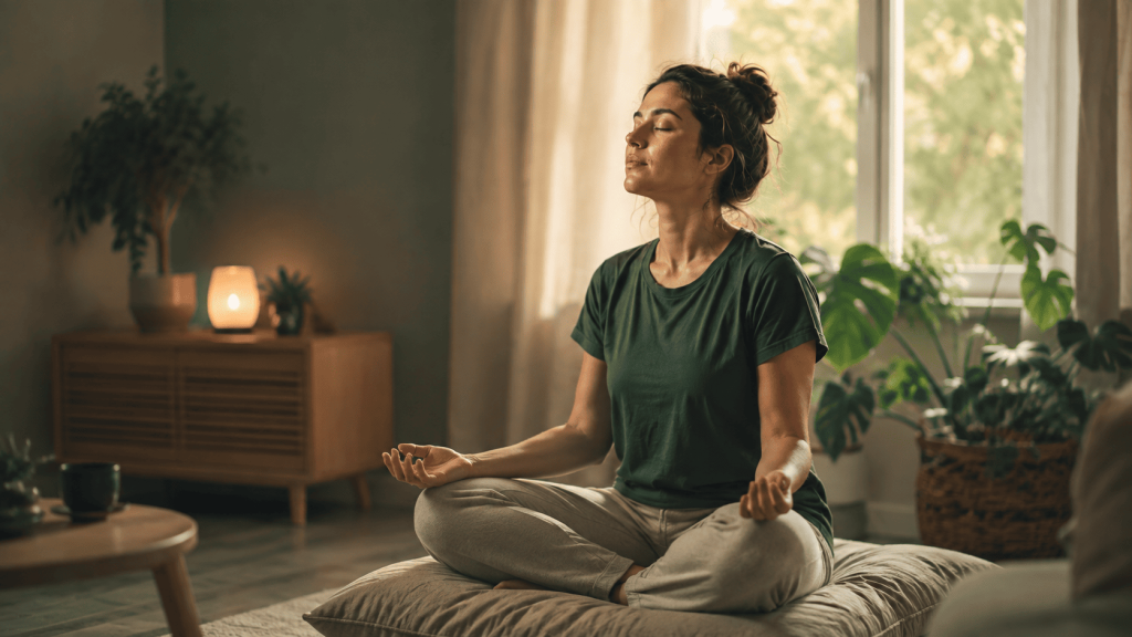 Woman meditating cross-legged near a window, calming technique for anxiety relief