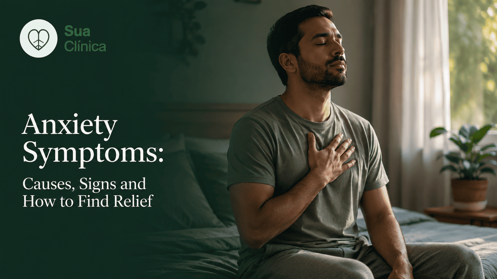 Man with hand on chest breathing calmly, managing anxiety symptoms